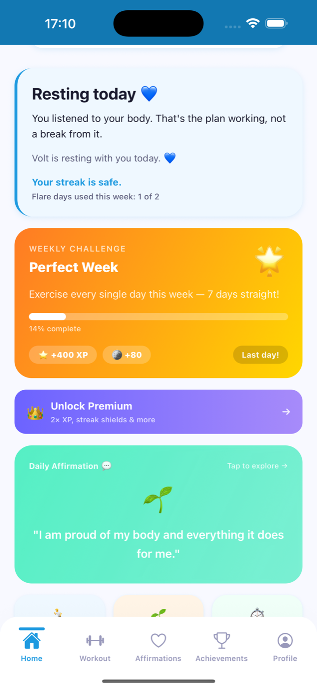 The home screen on a flare day. A card titled Resting today reads: you listened to your body, that is the plan working, not a break from it. Your streak is safe.