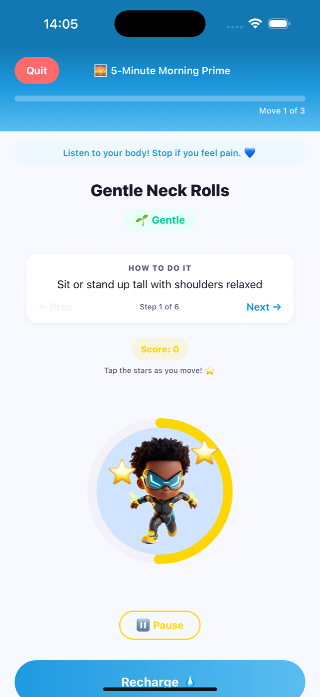 A workout in progress. The champion Volt stands inside a yellow timer ring with two stars to catch, during an exercise called Gentle Neck Rolls.