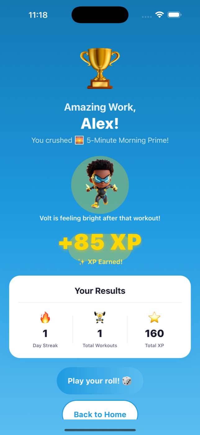 The workout complete screen. It reads Amazing Work, Alex! You crushed 5-Minute Morning Prime, with 85 XP earned and results showing a one day streak.